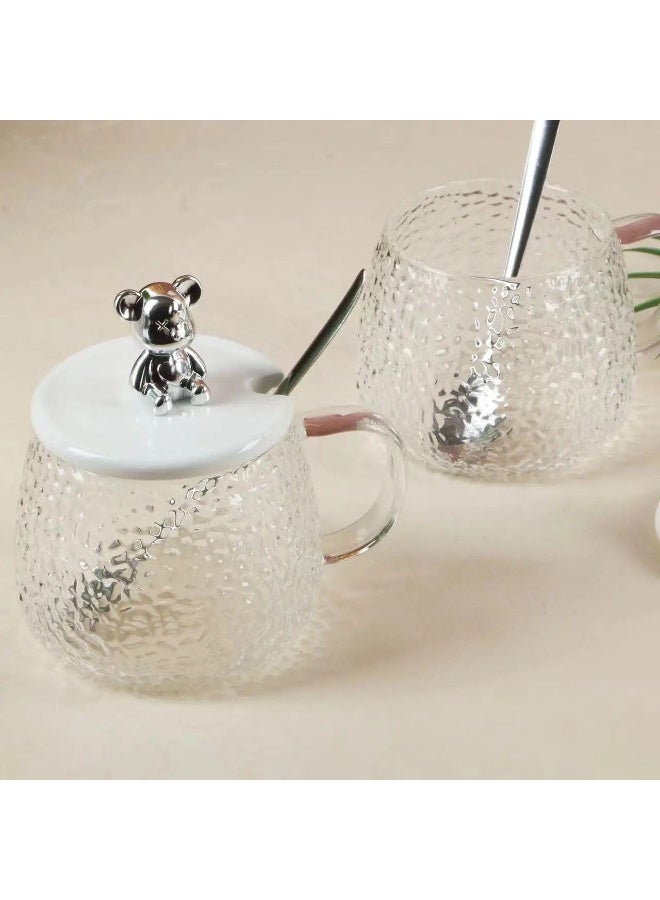 2-in-1 glass drinking cup and sugar bowl with a bear-shaped lid; a crystal-patterned glass cup with a spoon and plastic lid; suitable for tea and hot beverages. - Image 4